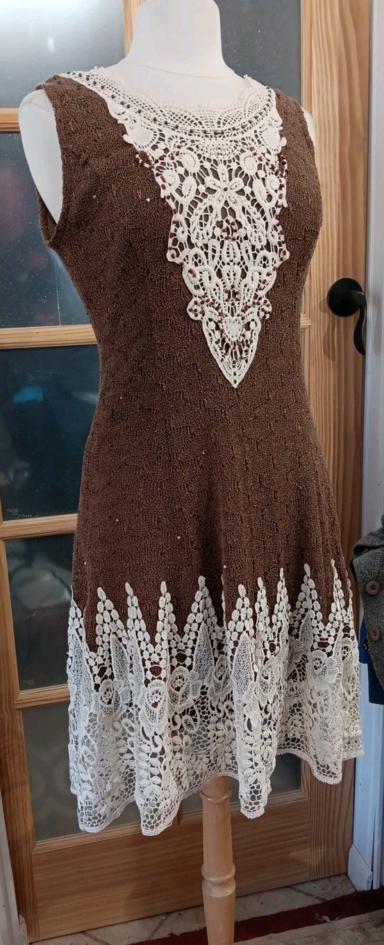 Ryu Crochet Lace Overlay Dress Classic Criss Cross Back Brown Beads Sequins Sz M