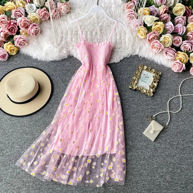Women Floral Daisy Print Summer Dress Spaghetti Strap Backless Knee-Length