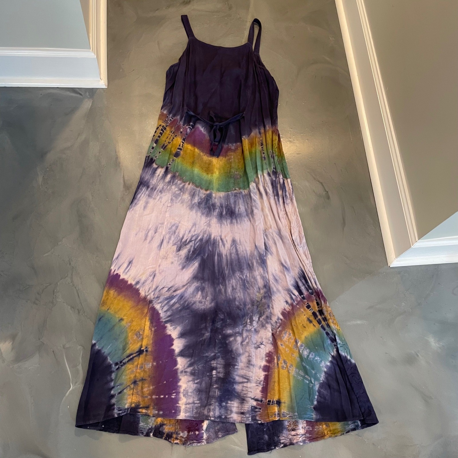 Boho Tie Dye Embroidered Rayon Maxi Dress Navy Rainbow Free Size India Festival