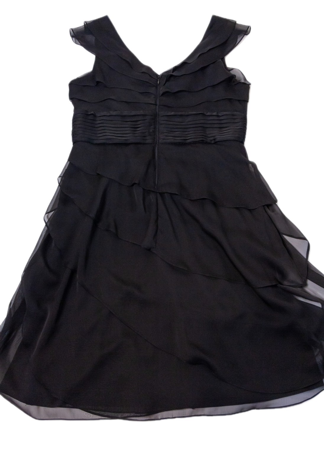 Adrianna Papell Black Chiffon Cocktail Dress Pleated Ruffle Knee Length US 16