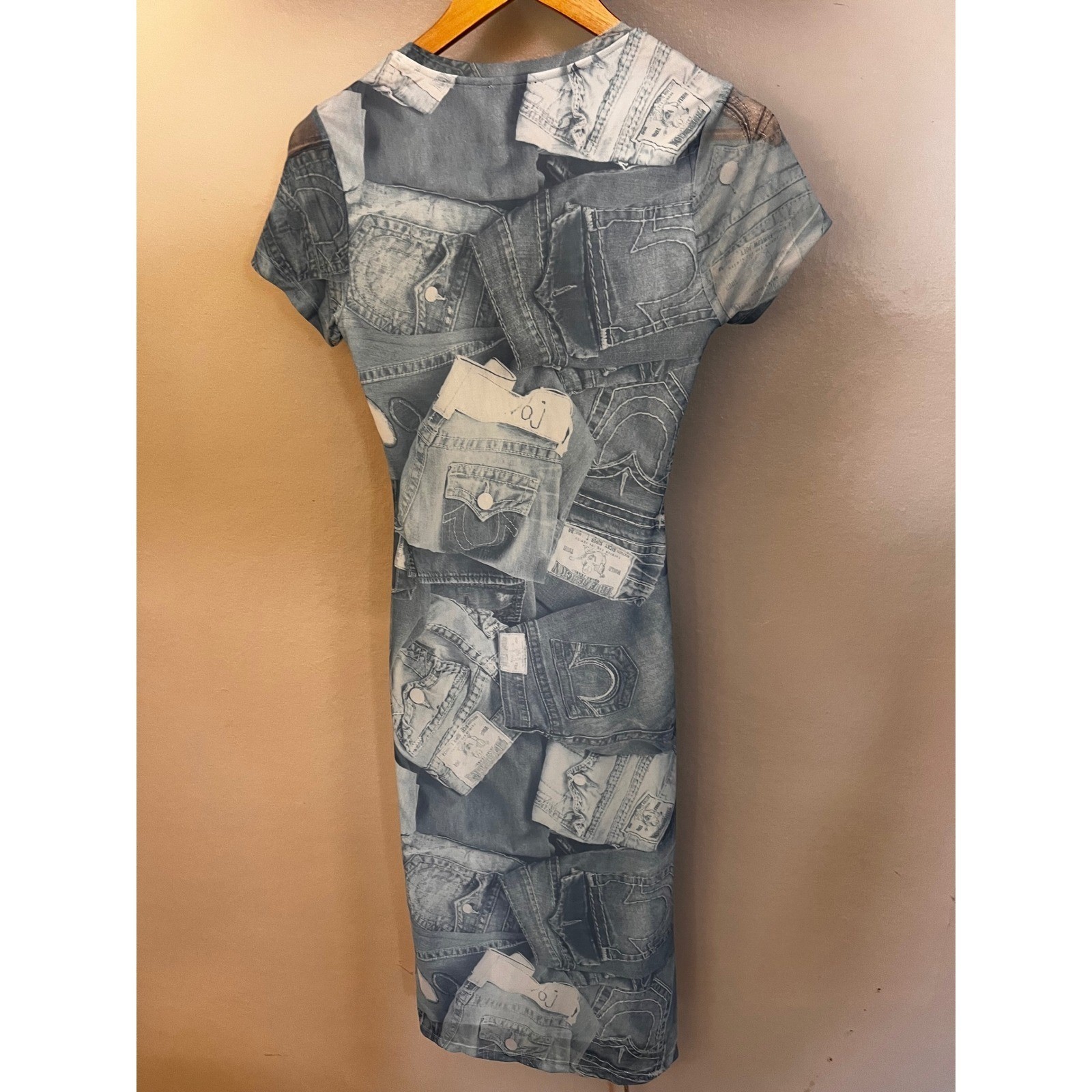 True Religion Denim Print Mesh Lined Midi Dress Blue AOP Bodycon S NEW 90s Y2K