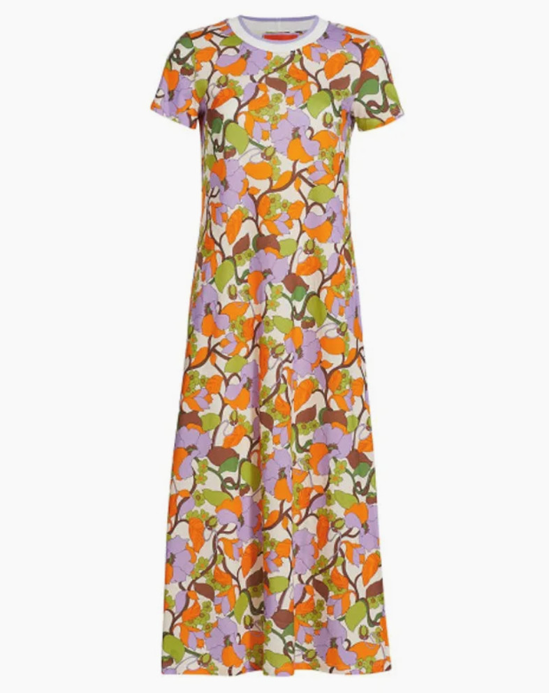 LA Double J Sporty Swing Dress Floral Vines Jersey T-shirt Cotton Midi Maxi S
