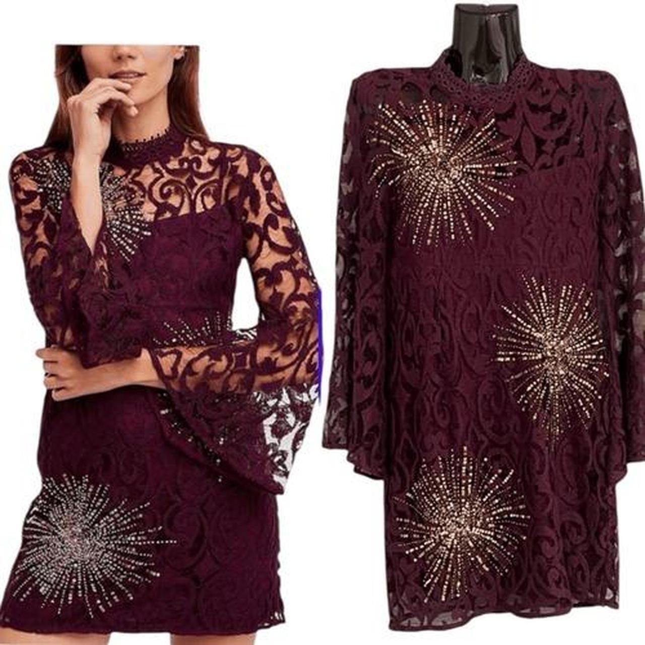 Free People North Star Bell Sleeve Lace Beaded Sequin Mini Dress Burgundy