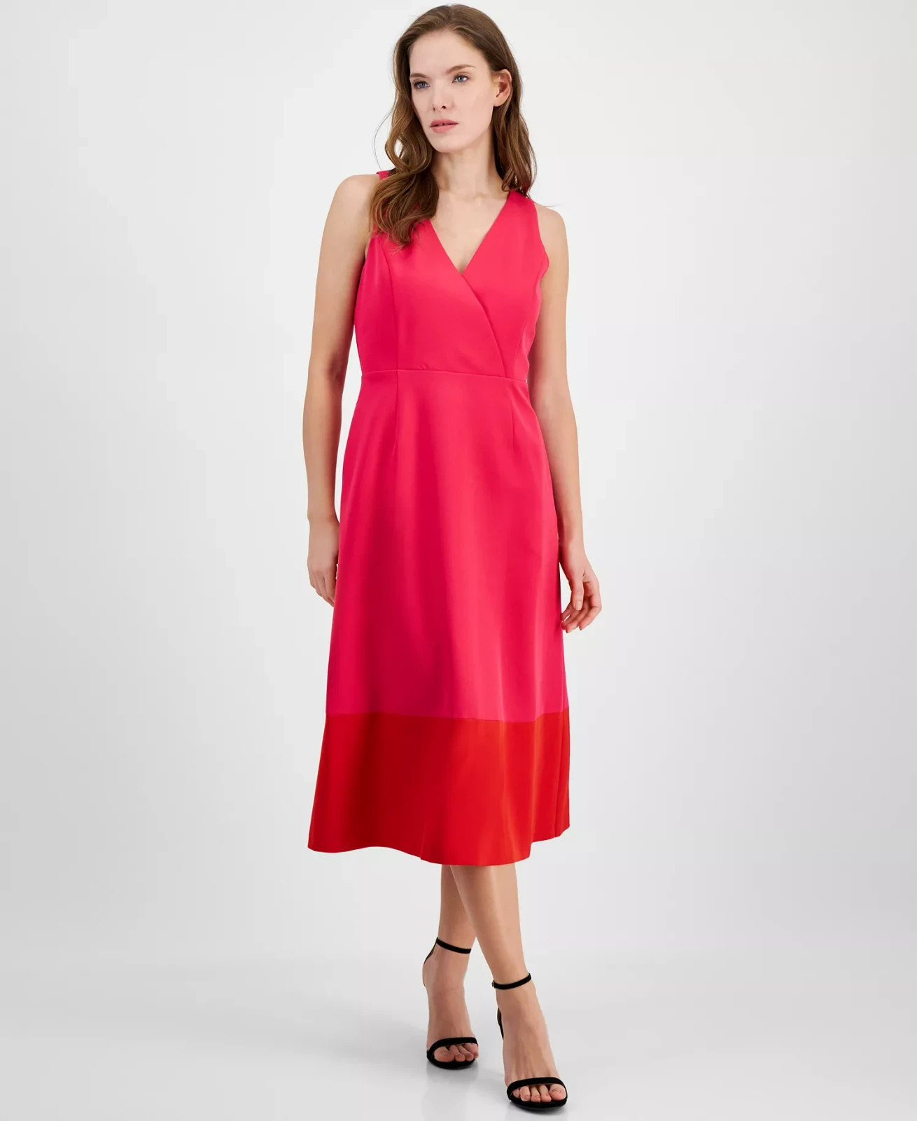 Anne Klein Colorblocked Midi Dress Women’s 8 Pink Group V-Neck Back Zip Closure