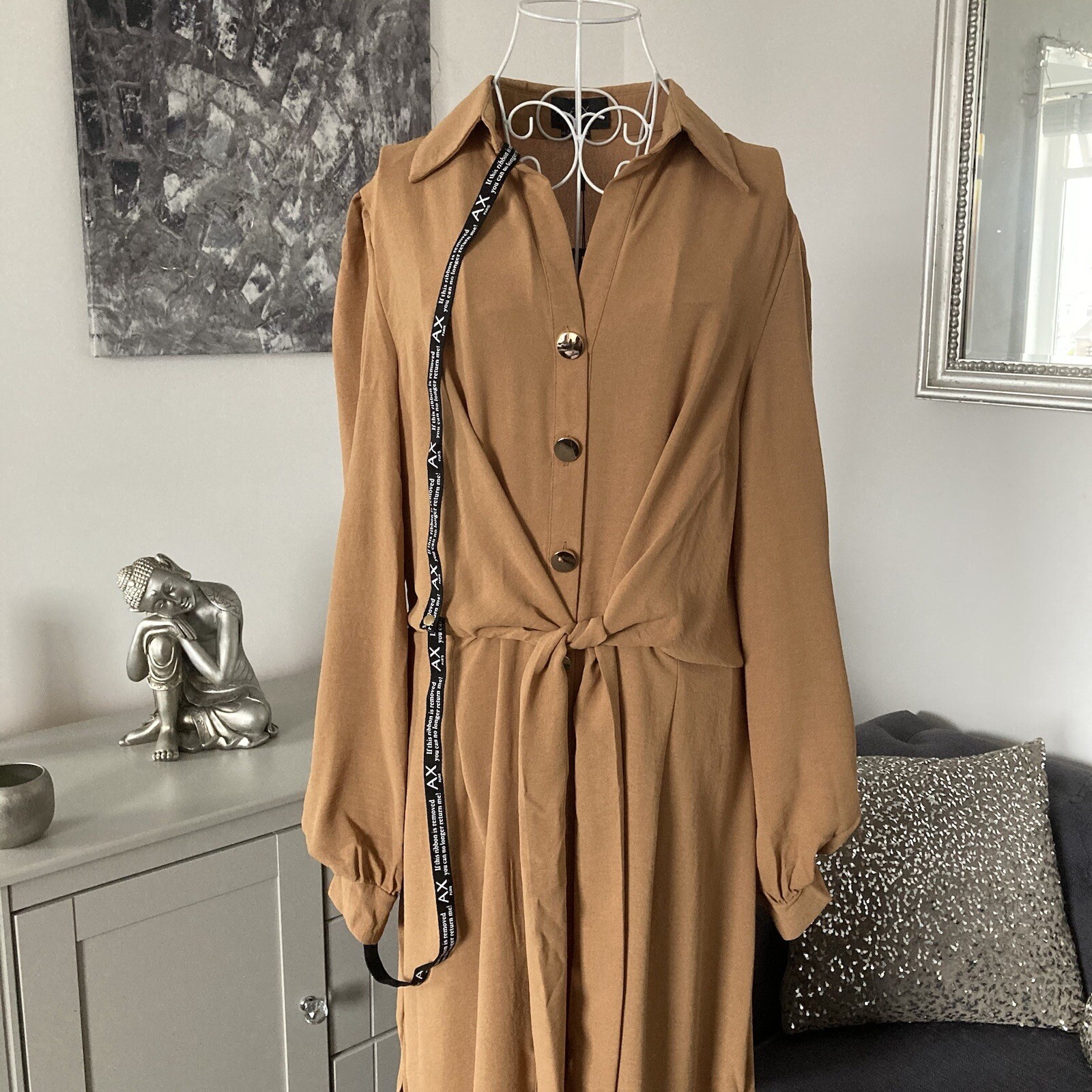 Camel Collared Long Sleeve Front Button Fastening Waist Tie Midi Shirt Dress 8