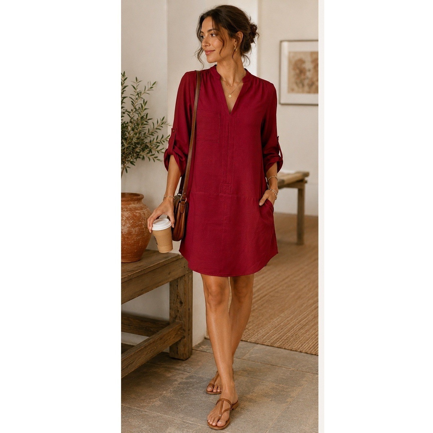 LUSH Split-Neck Cranberry Tunic Shirt Dress w/Pockets Size XS