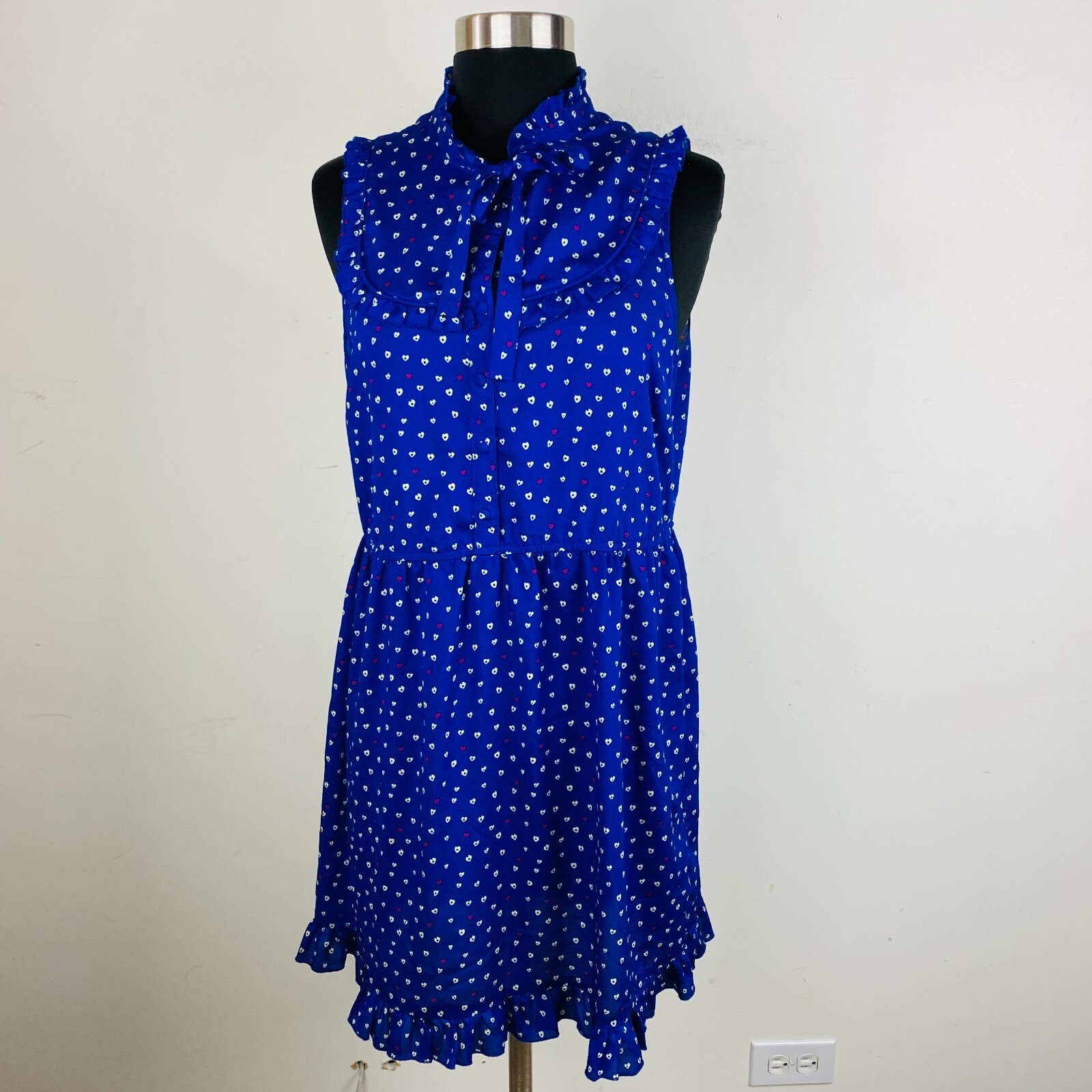 I Love H81 Womens M Blue Dress With Heart Print Pleated Neckline Bib Ruffle Hem