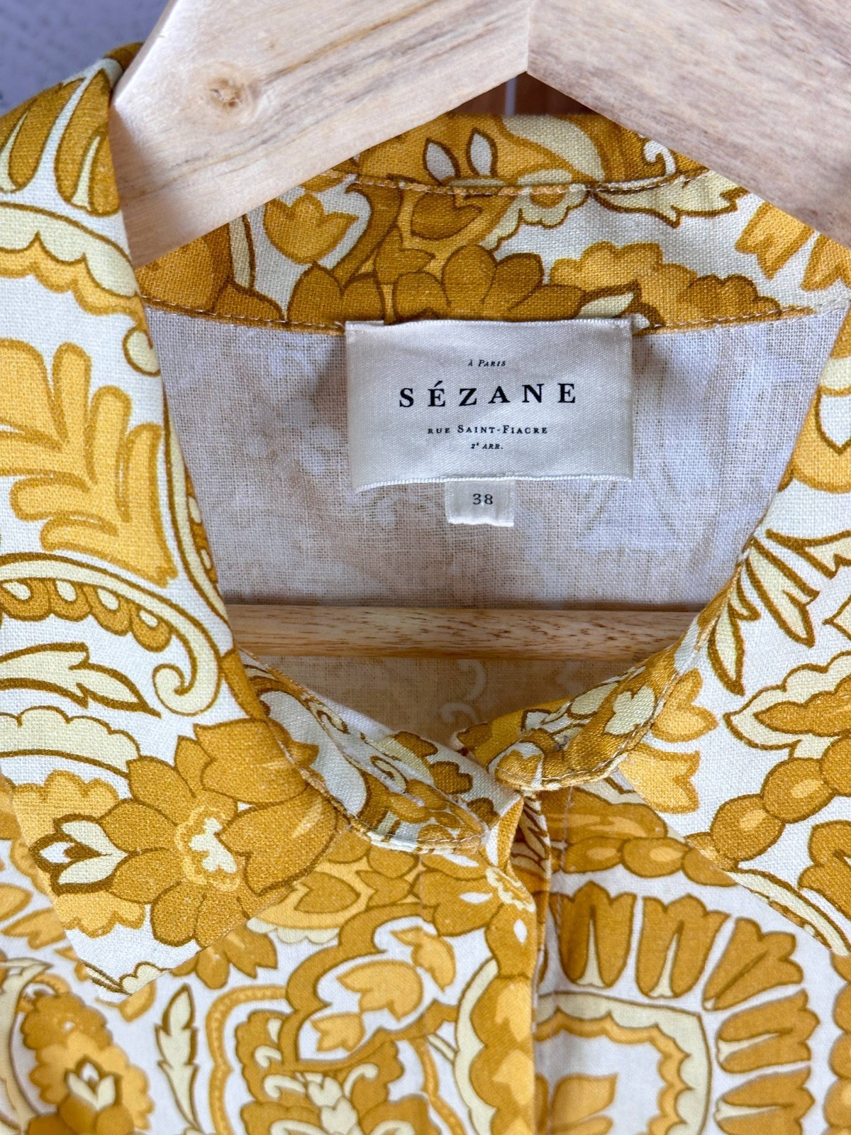 Sezane Paris Etia Pattern Short Sleeve Dress Cotton Linen Long Yellow Size 38