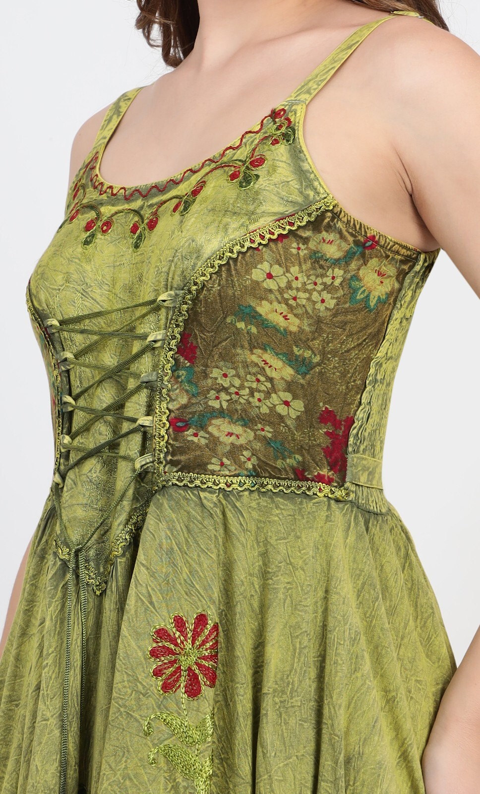 Bohemian Double Layered Lace Up Midi Dress Vintage-Inspired Asymmetrical Hemline