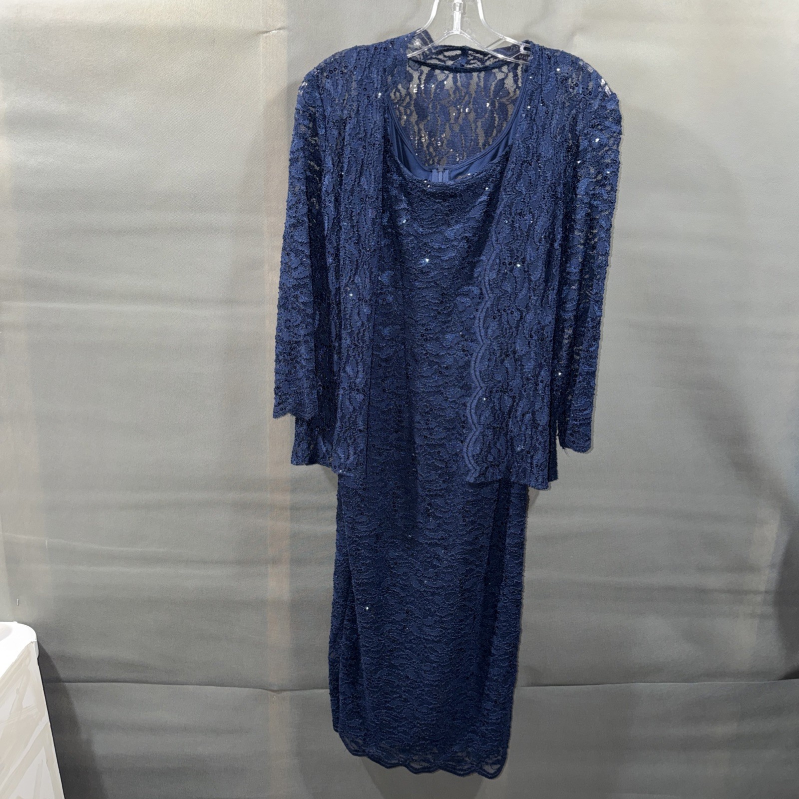 Alex Evenings Dress With Jacket Midi Length Sequin Lace Size 8 Blue Approx 40” L