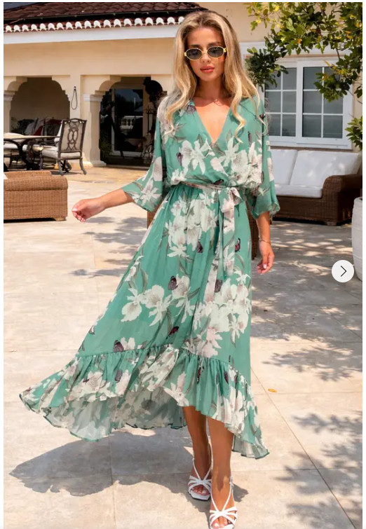 Women’s Dress uk20 Urban green Floral Wrap Dress Midi Ruffle 3/4 sleeves E5369