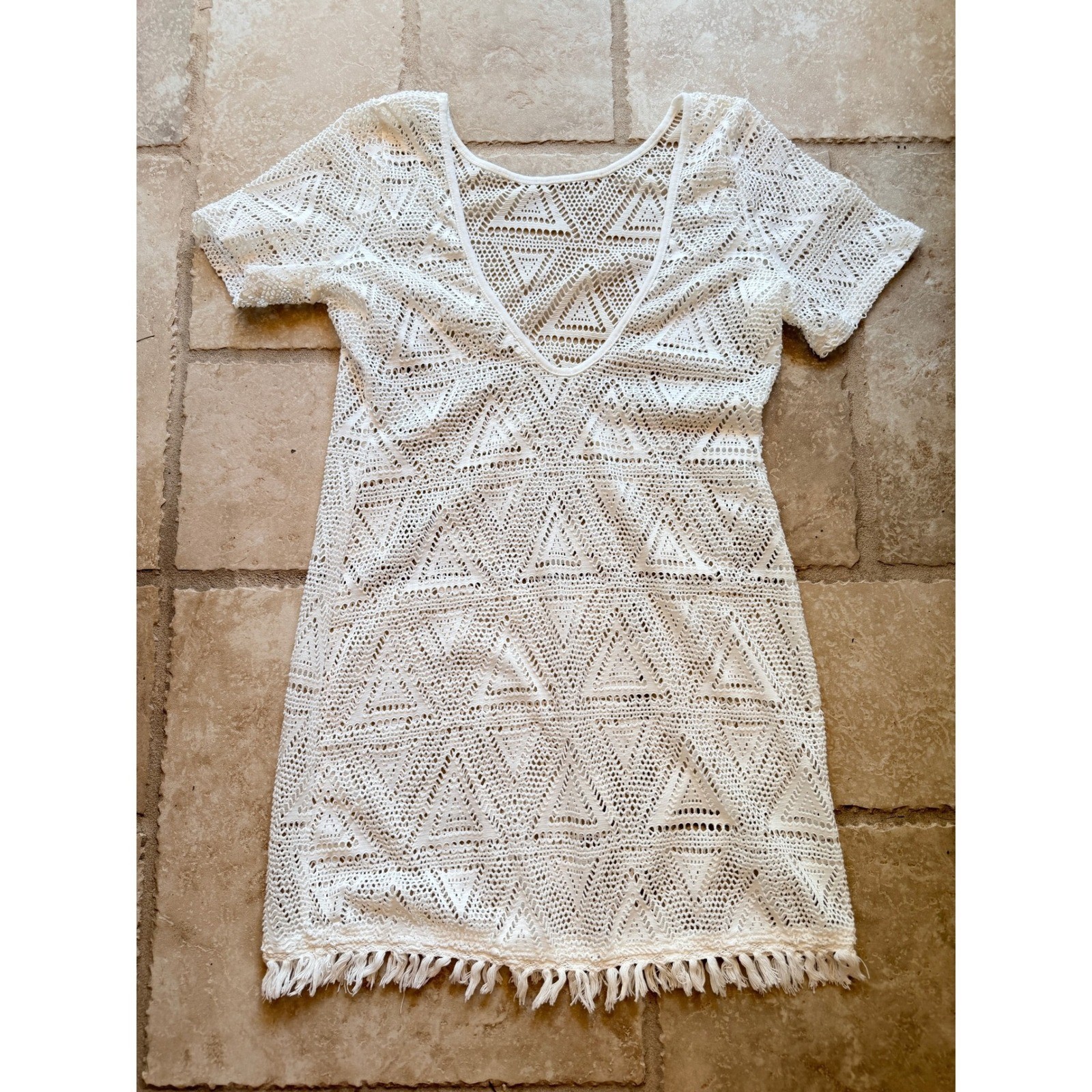 White Crochet Geometric Triangle Fringe Mini Coverup Dress