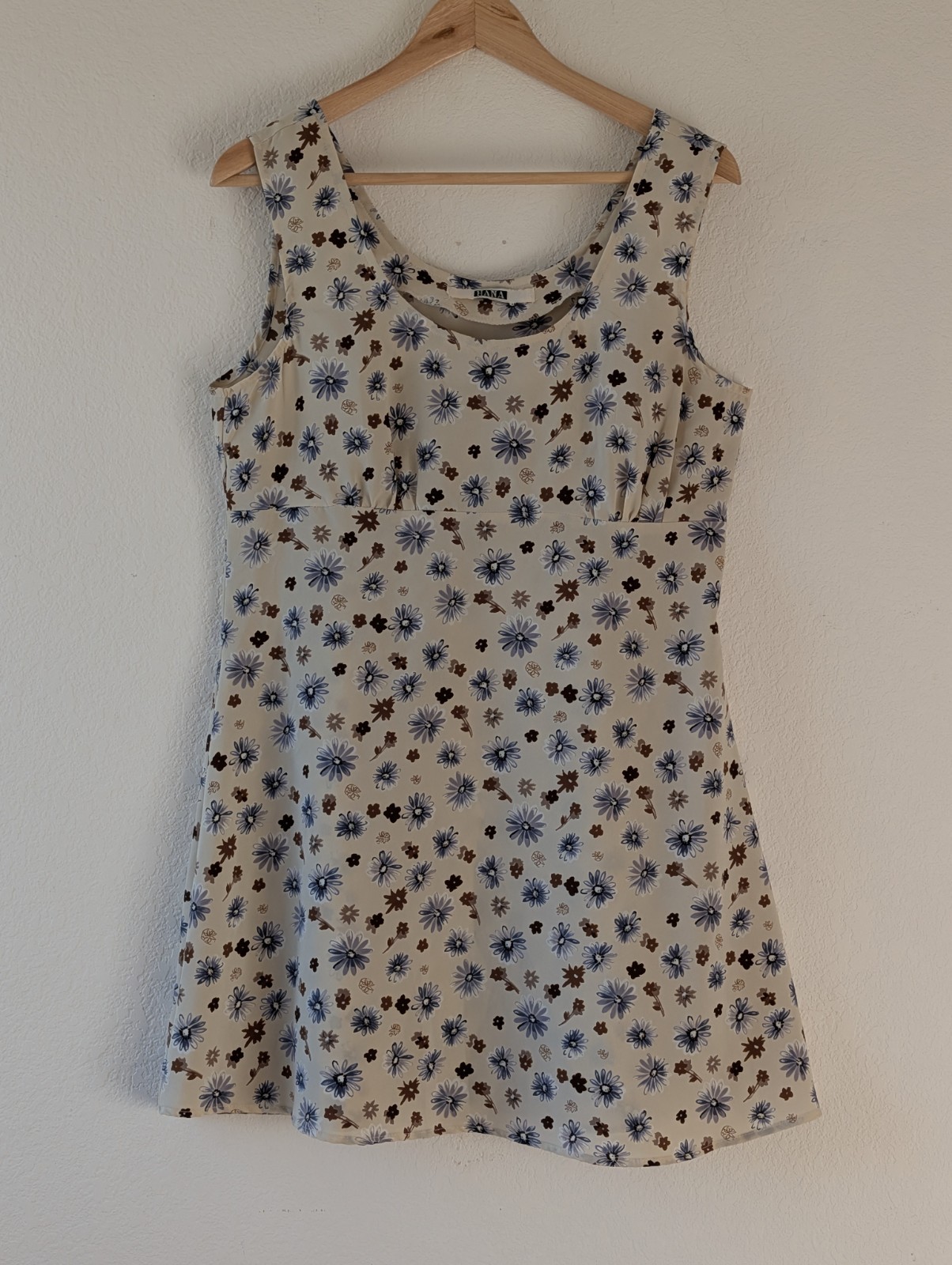 Vintage 90s Y2K Floral Blue Brown Mini Dress Size M Tan Empire Waist Mod A-Line