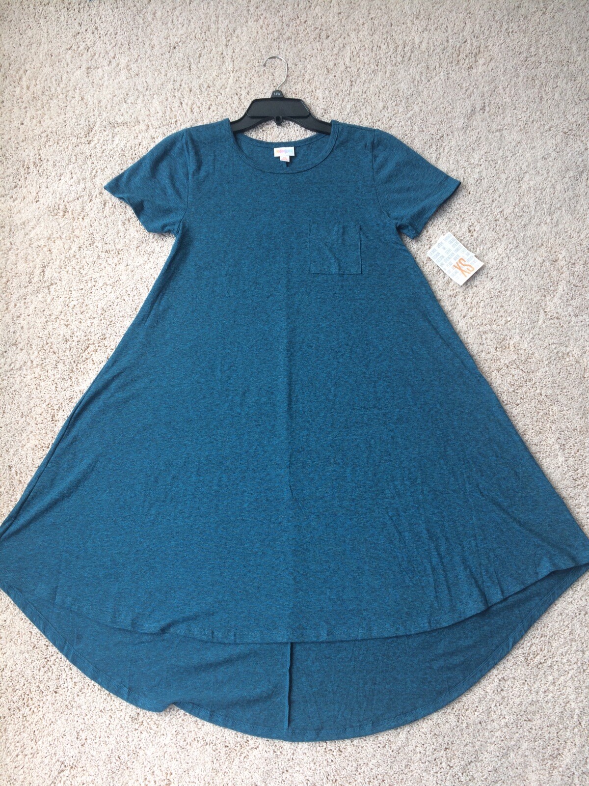 NWT LulaRoe XS Carly Dress Heathered Teal, Swingy Hi-low Hem, Retail $55