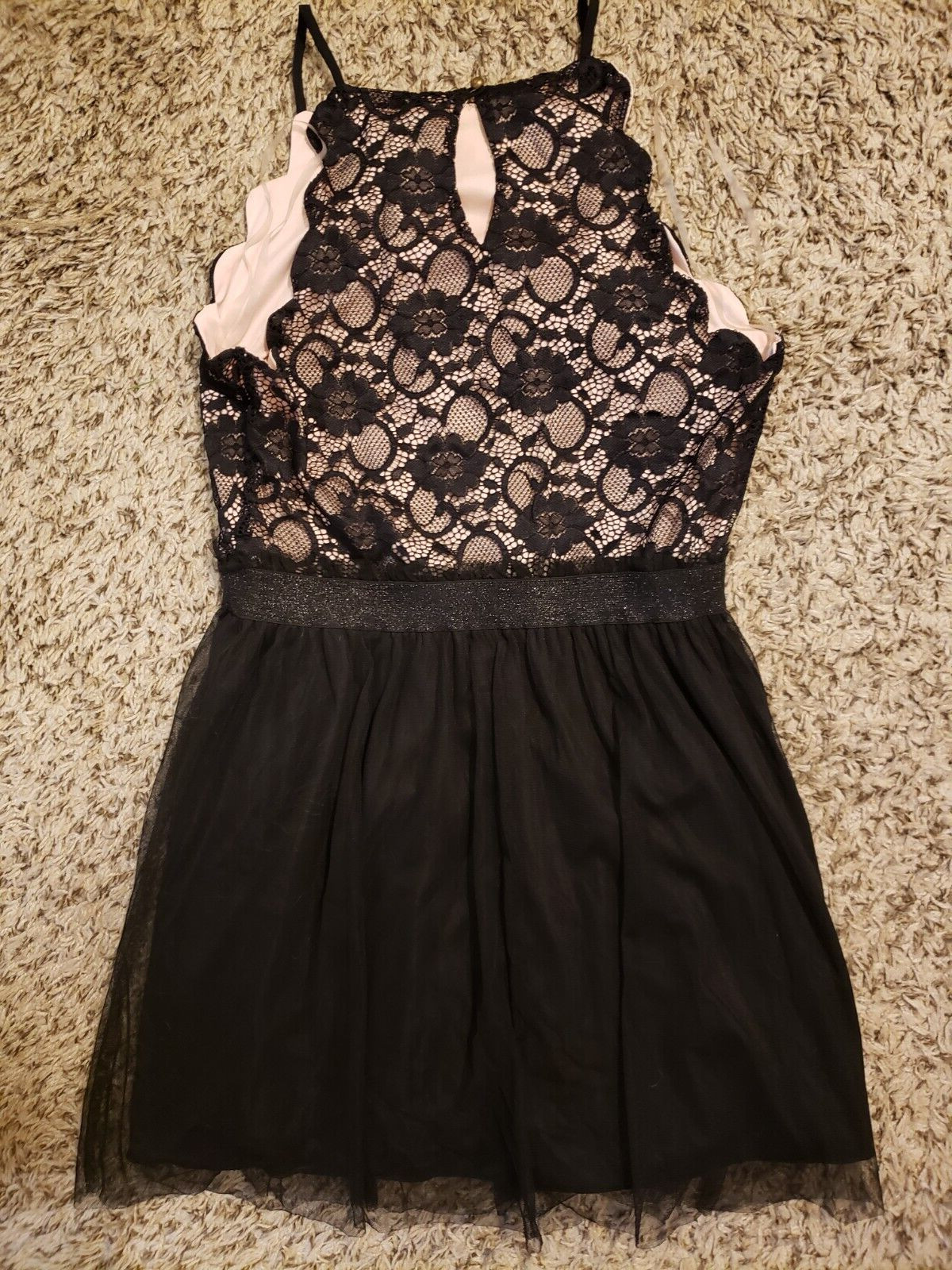 SPEECHLESS DRESS JUNIOR LARGE SCALLOPED LACE TULLE BLACK FLESH LINING Formal