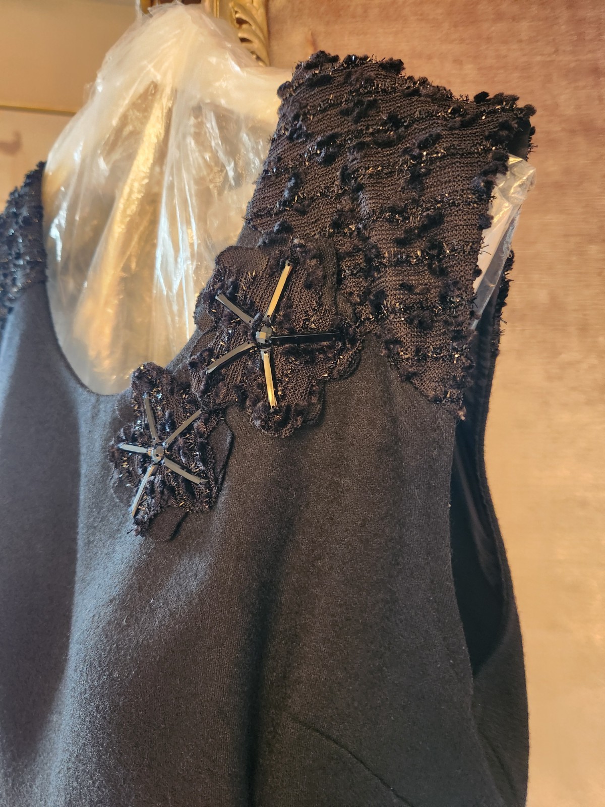 PORT International black wool blend and shimmering fabric appliqué handwork 12