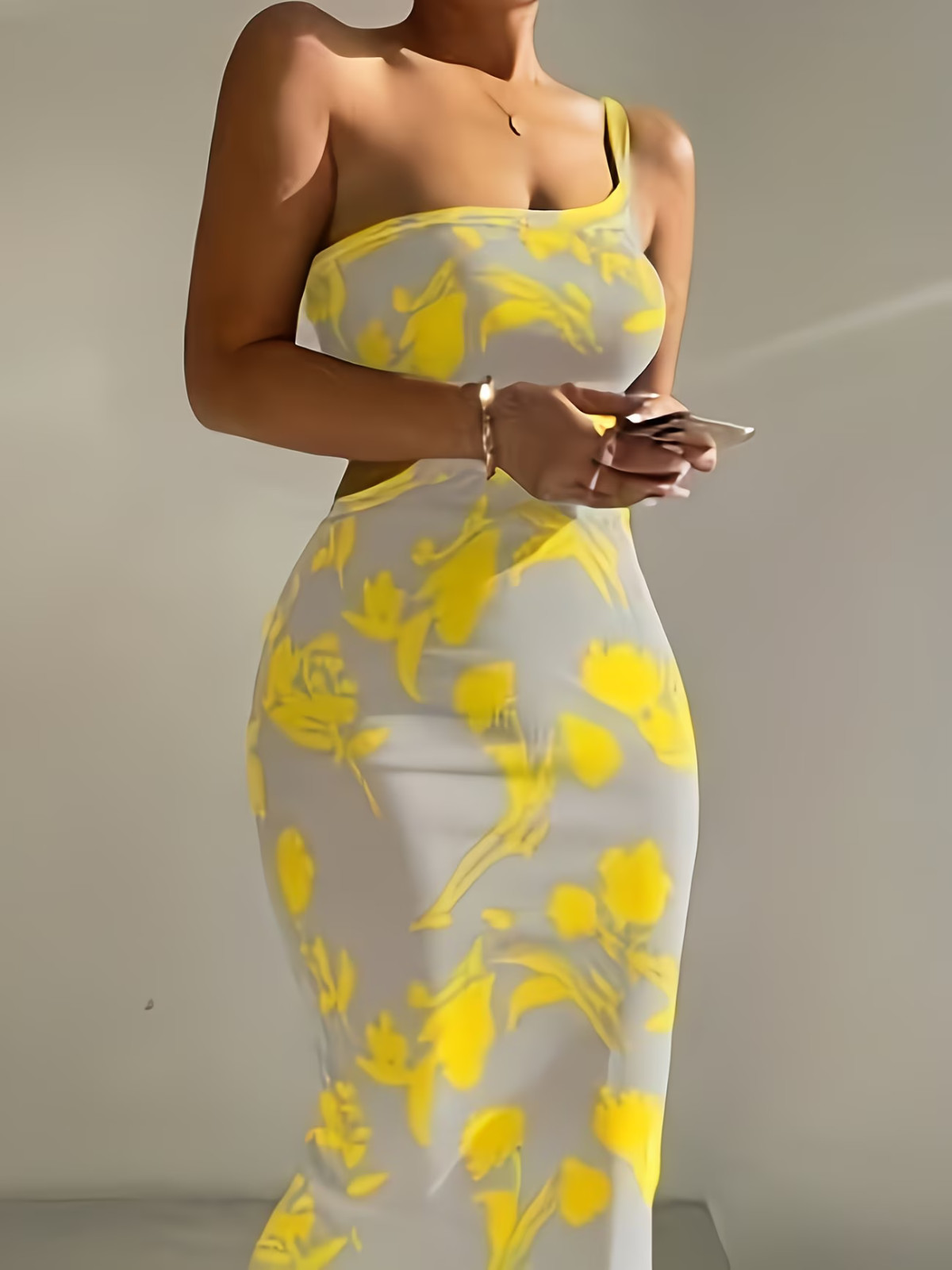 Medium. Midi Elegant Yellow & Grey, 1-Shoulder, Gorgeous Cutout Bodycon Dress