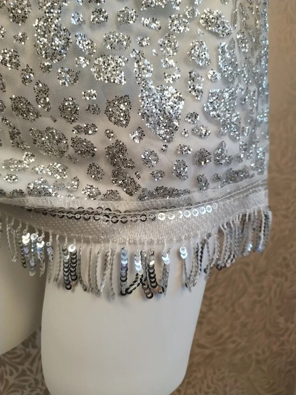 White Silver Sequin Glitter Mini Dress One Shoulder Tassel Sequin Hem UK Size 8