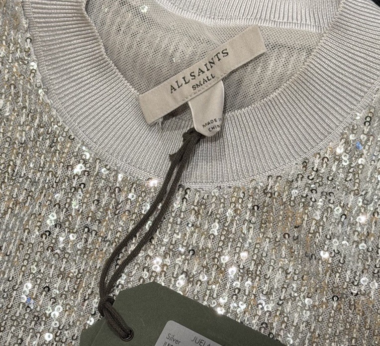 NEW ALLSAINTS Juela Mini Sequin Dress Sparkly Silver Metallic Size Small