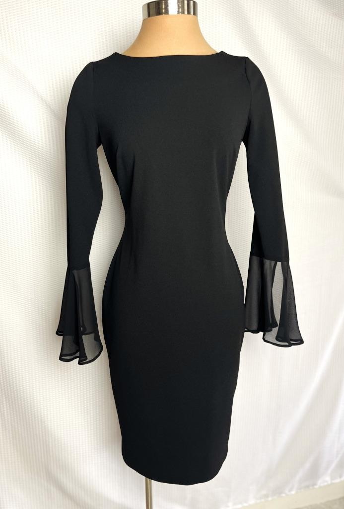 CALVIN KLEIN Size 4 Black Classic Sheath Sheer Flutter Sleeve Midi Dress 4