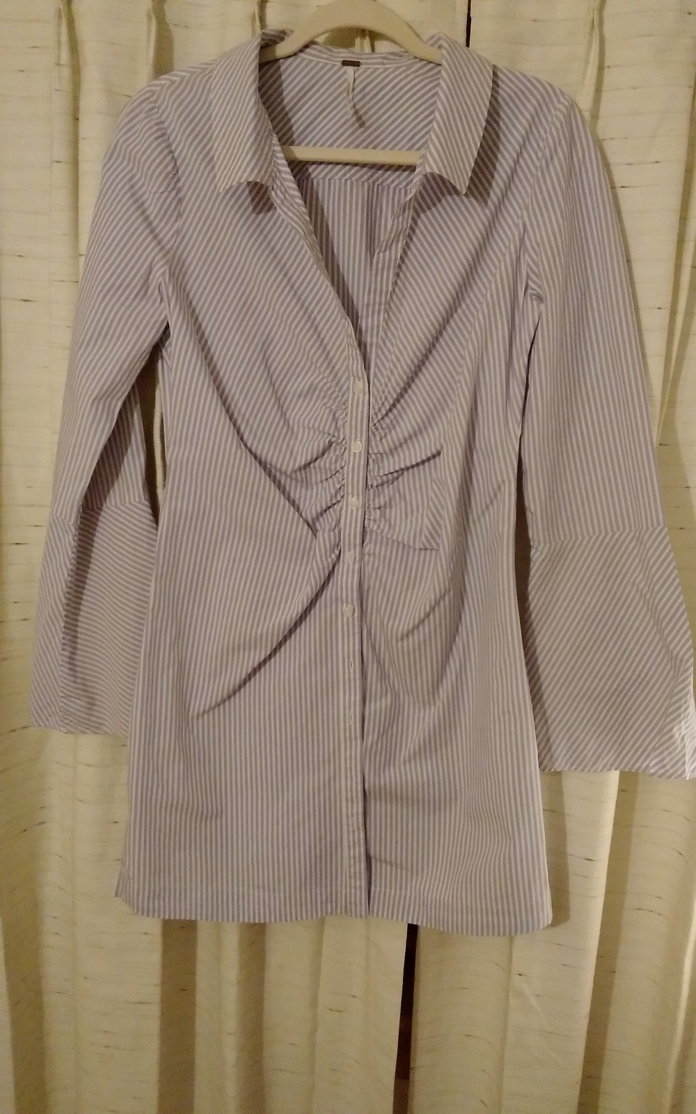 Free People Center Gathered Bell Sleeve Striped Shirt Dress Blue Med