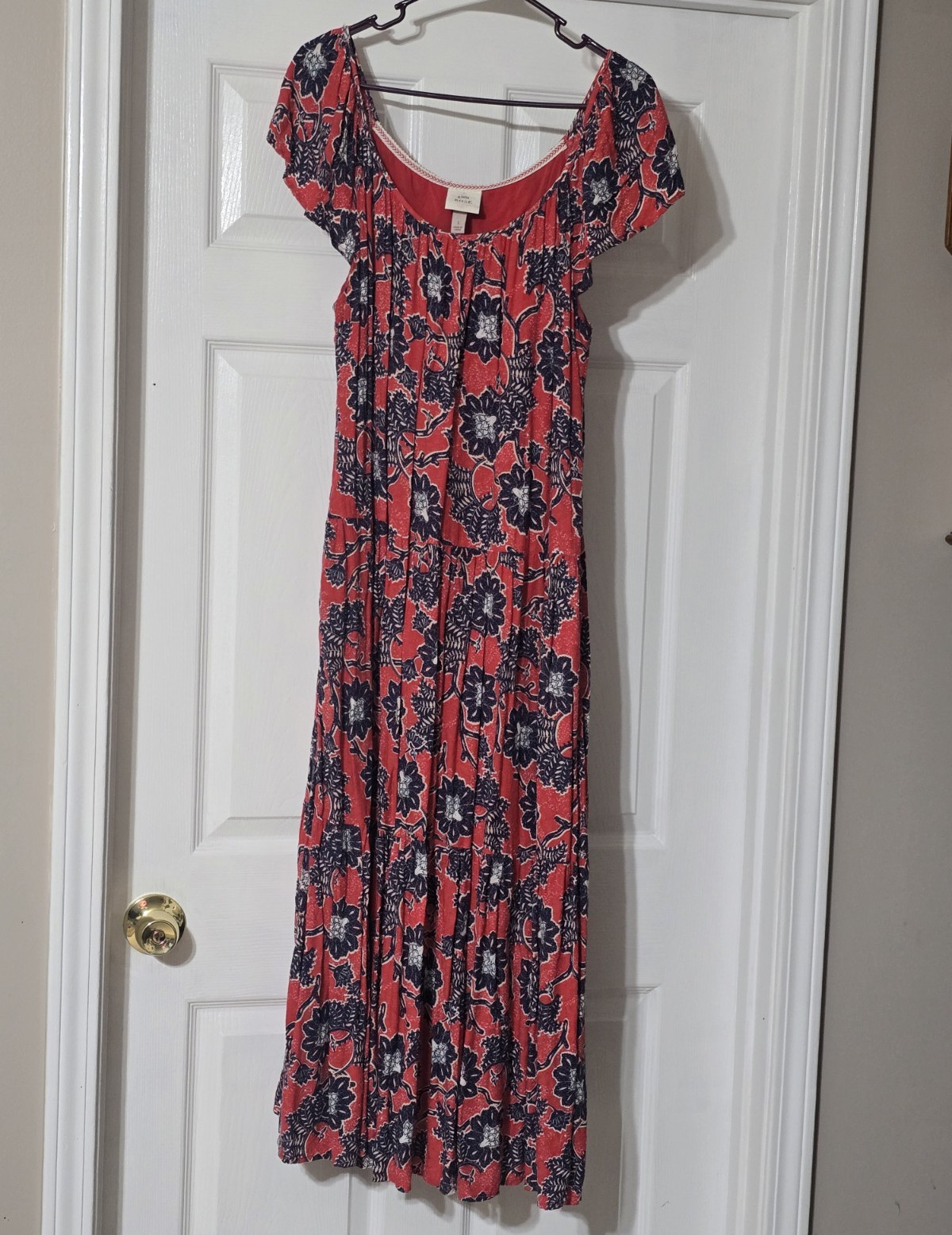 Knox Rose Women’s Red/Blue/White Floral Scoop Neck Cap Sleeve Maxi L Rayon