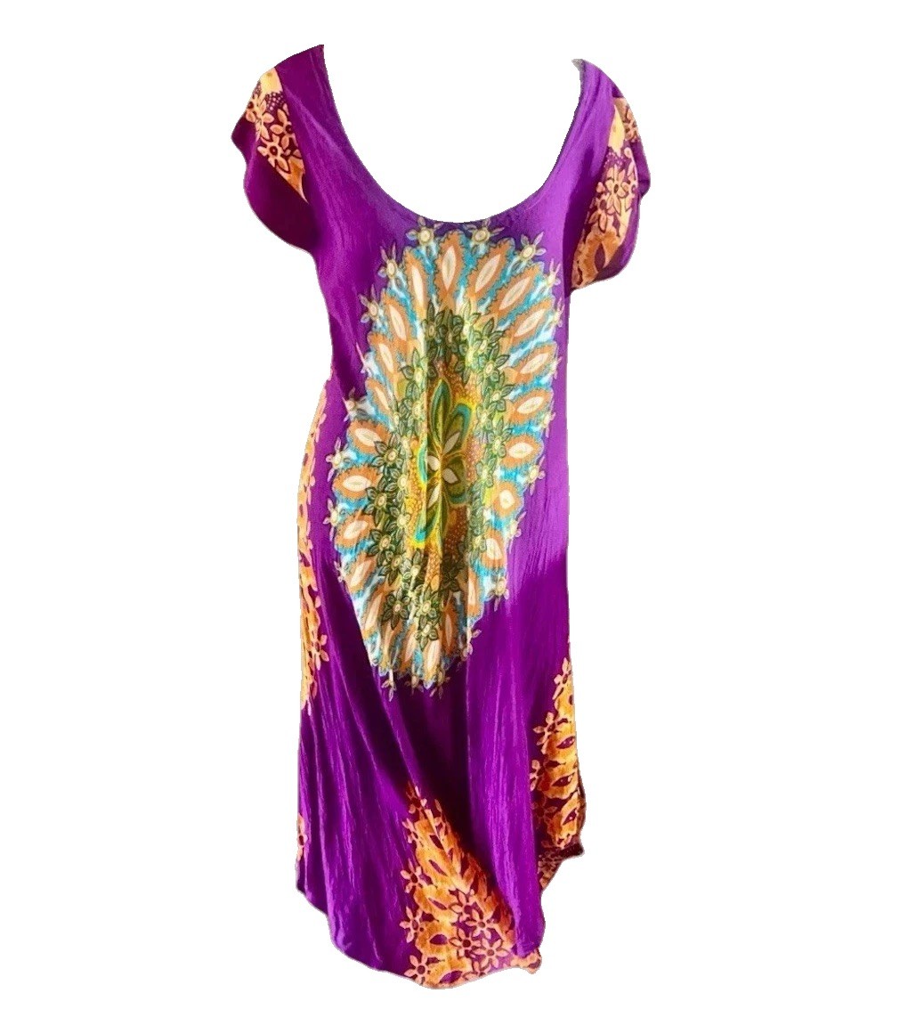 Swarna Indian Colorful Short Sleeve Beach Midi Festival Boho Dress Free Size
