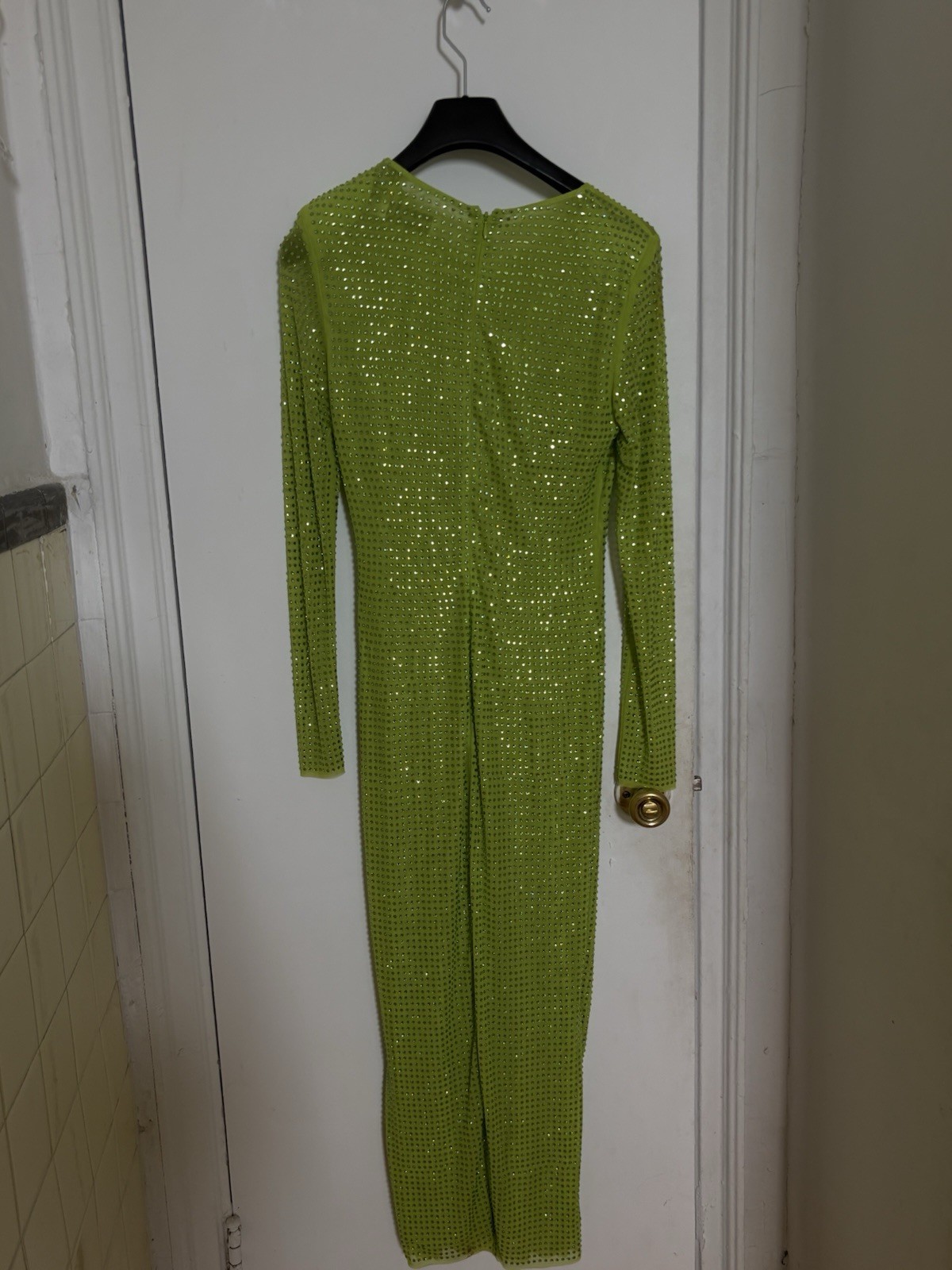 self-portrait Green Mesh Rhinestone Bodycon Maxi Dress Long Sleeve Size S