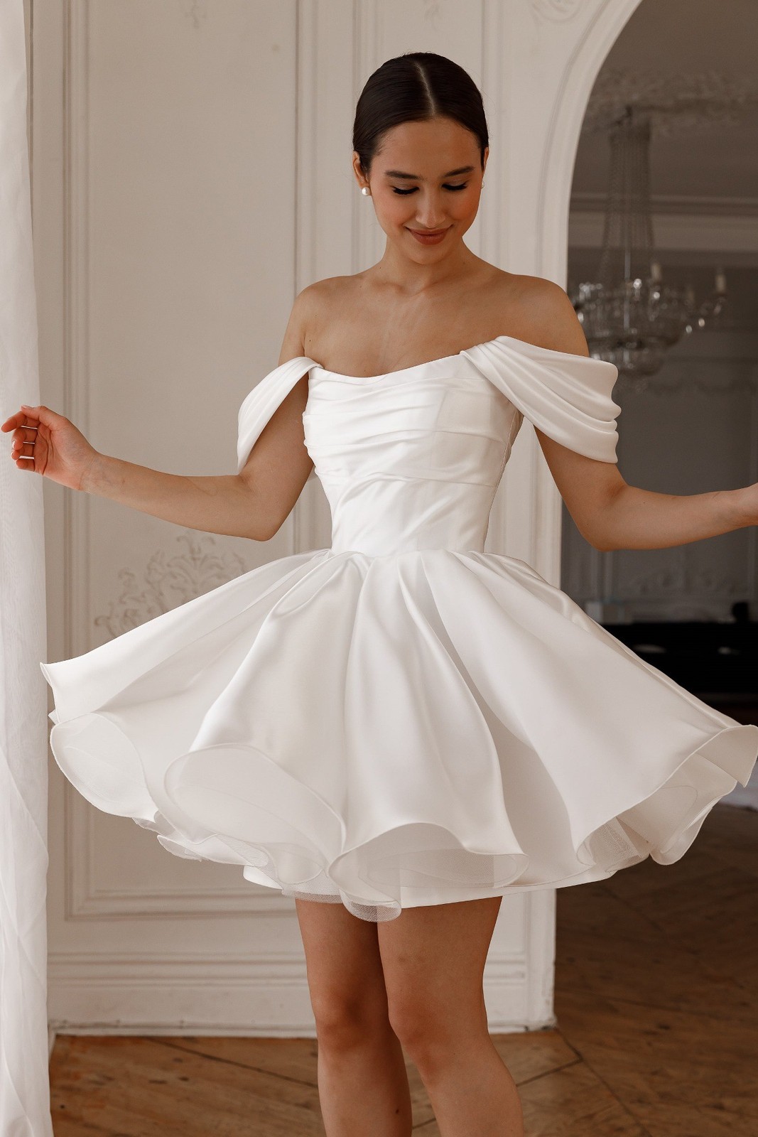 Off Shoulder Draped Mini Dress Pleated Bodice Ruffle Hem Wedding Party GownWhite