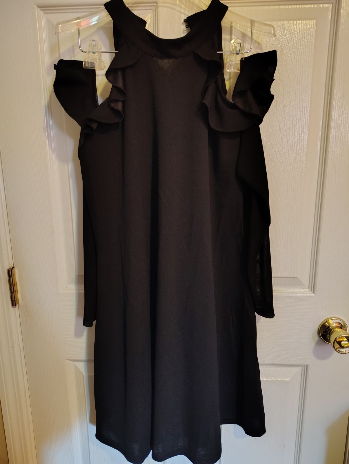 SHEIN Curve Black Cold Shoulder Ruffle Solid Knee-Length Dress Women 0XL