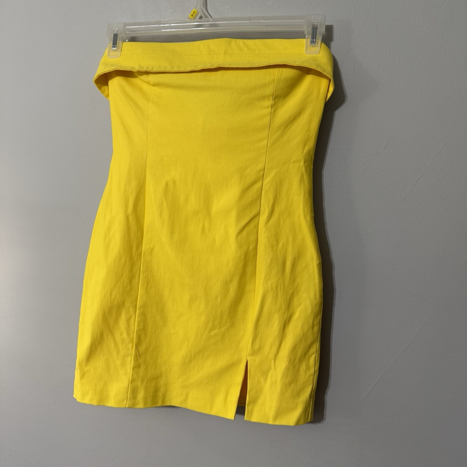 HYFVE Strapless Tube Bodycon Dress Yellow Foldover Neck Stretch Slit Size M