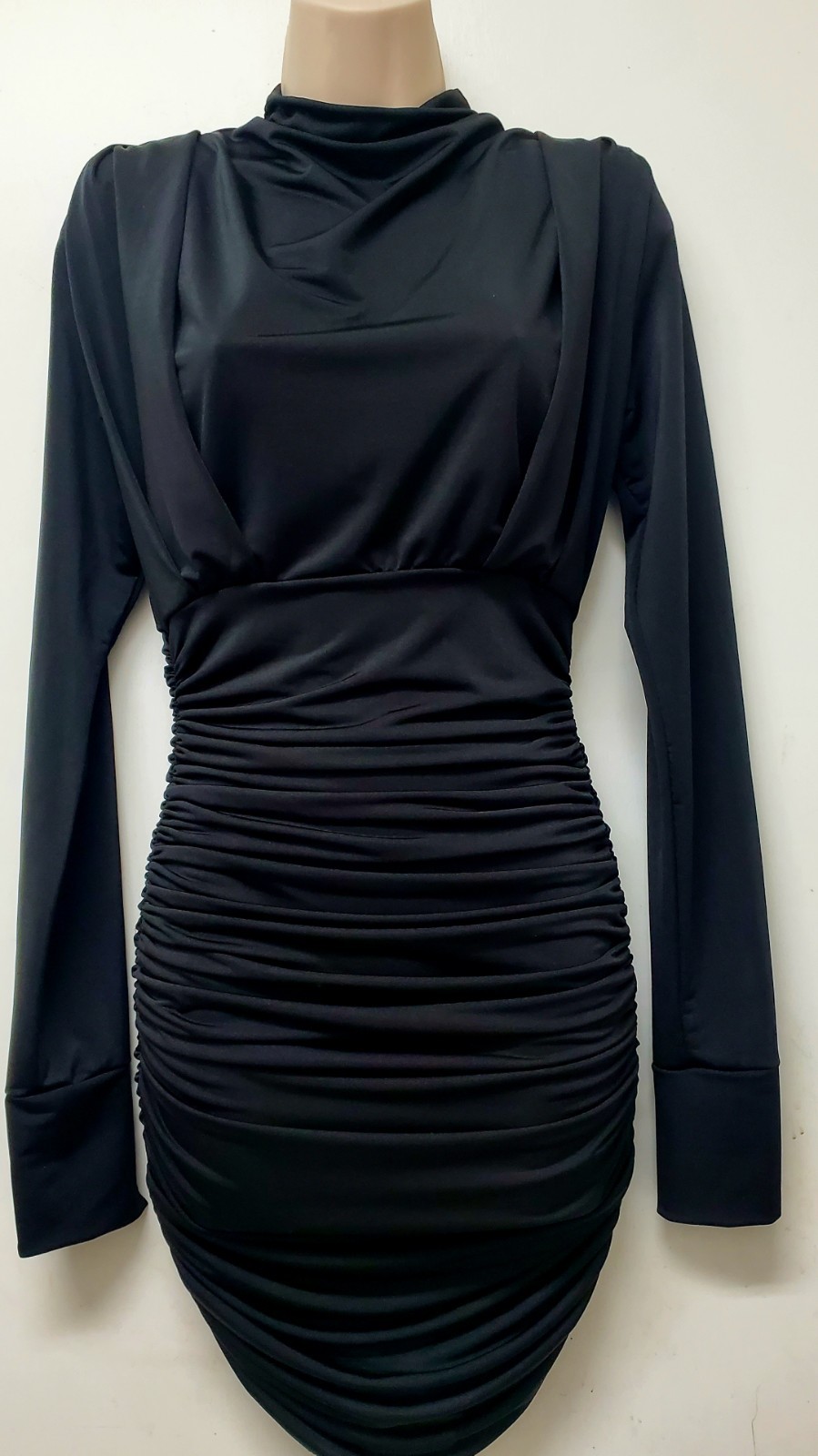 Pleated Ruched Long Sleeved Party Dress Color Black Size Small