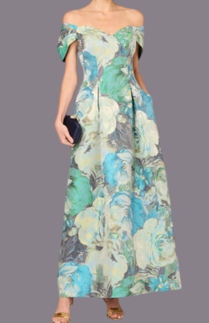 $595 Aidan Mattox Off Shoulder Floral Jacquard Pleated Gown Size: 6 -Blue Multi