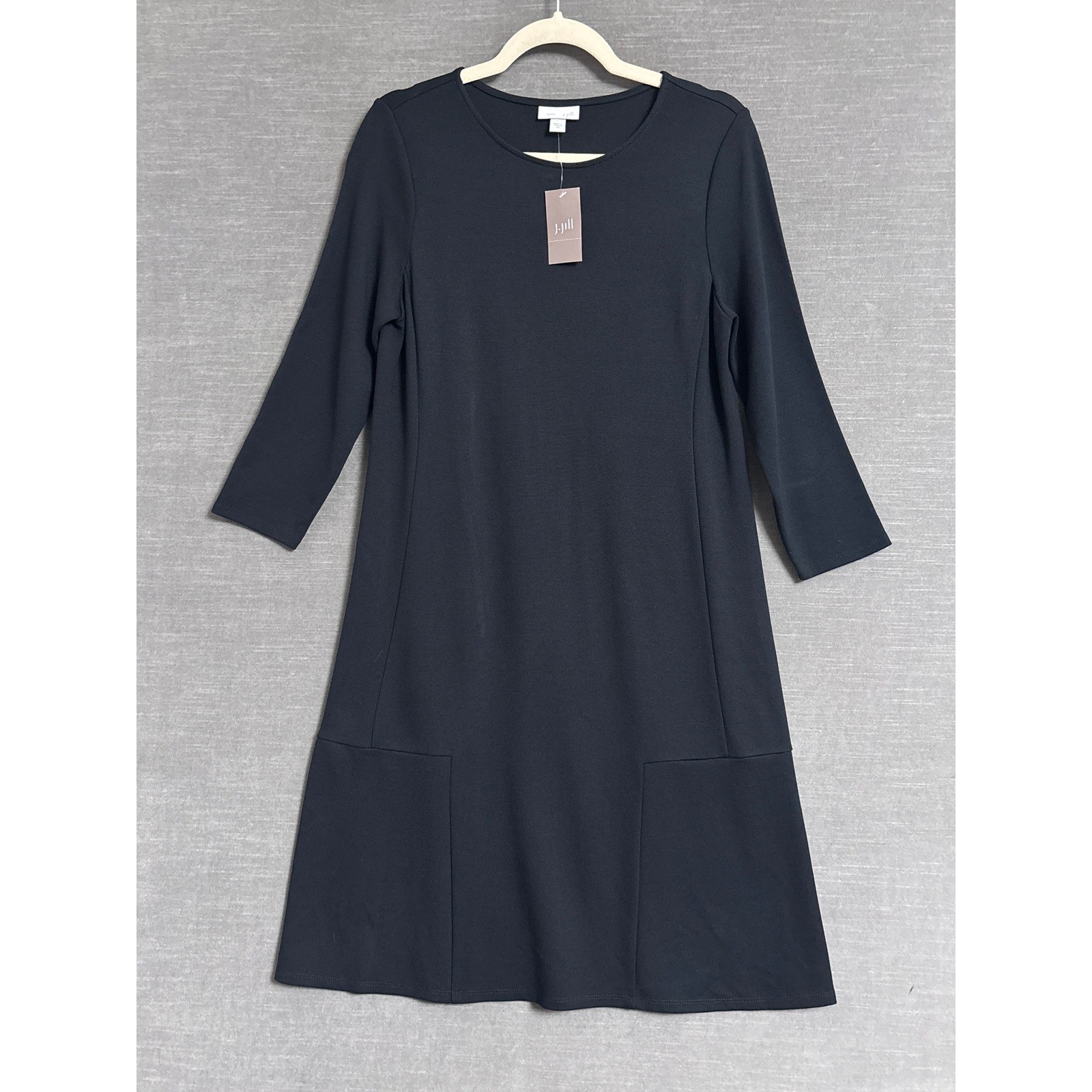 NEW J Jill Dress XS Black Ponte Knit 3/4 Sleeve Shift Casual Career Minimalist