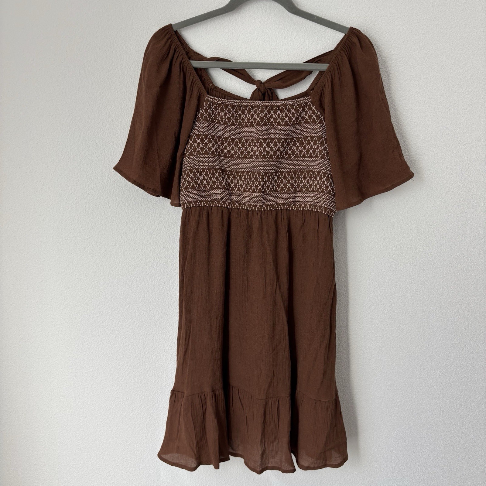 Blu Pepper Dress Women’s Medium Brown Embroidered Ruffle Hem Peasant BOHO