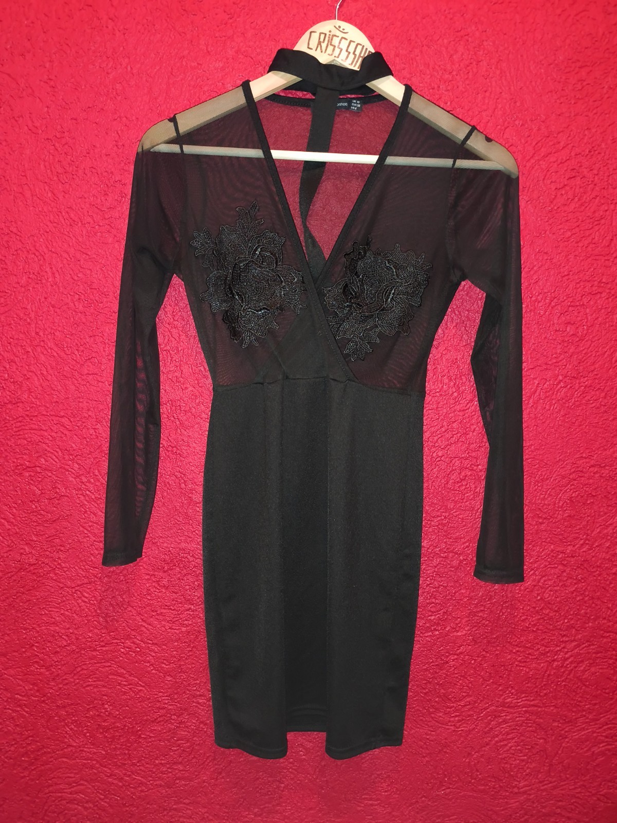 Jordyn Woods x Boohoo Sheer Mesh Floral Appliqué Choker Mini Dress – Black / UK