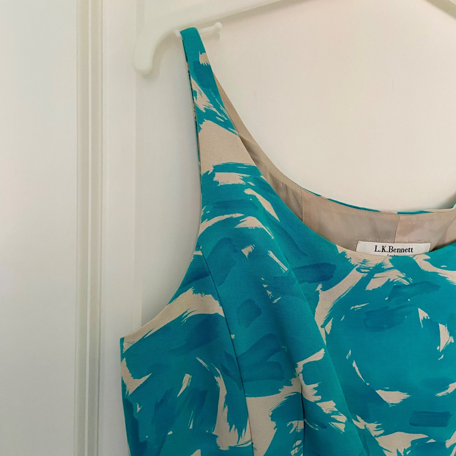 LK Bennett turquoise cotton silk lined sleeveless dress size 14 wedding cocktail
