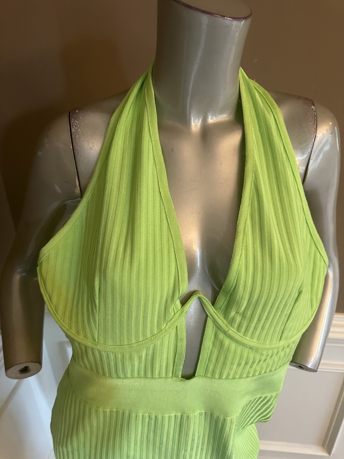 NWT FASGION NOVA Lime Green Plunge Halter Bandage Ribbed Midi Dress Sz XL