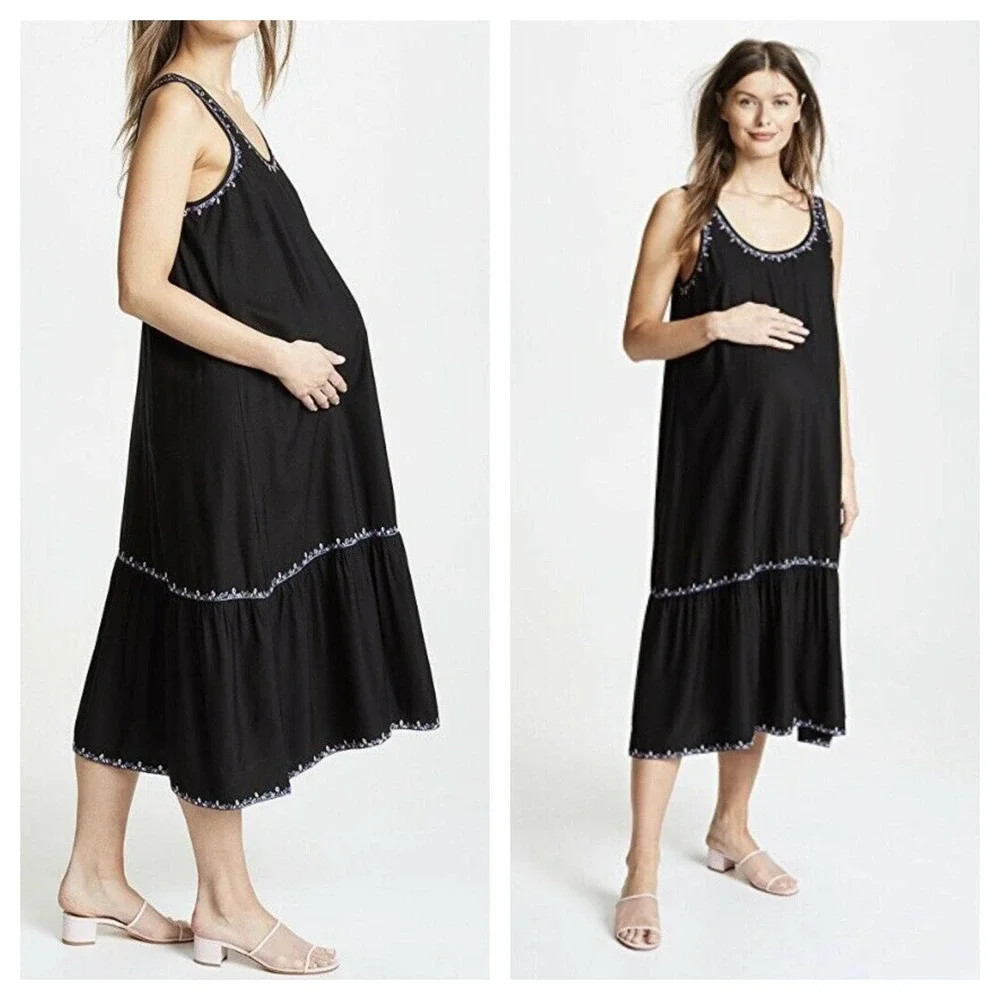 HATCH The Martinique Dress Black Linen Blend Embroidered Maternity Maxi Size 2