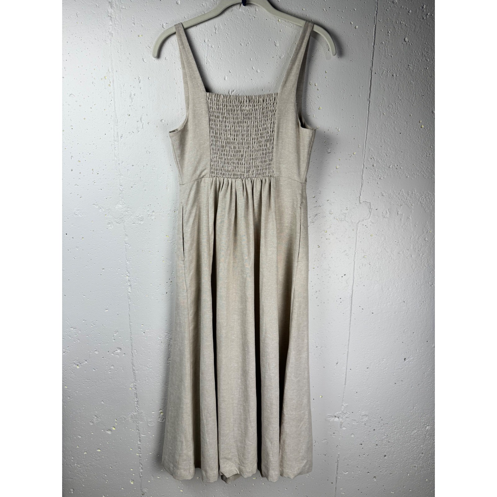 Old Navy Fit & Flare Sleeveless Linen Midi Dress S Beige Notch Neck Smocked Back