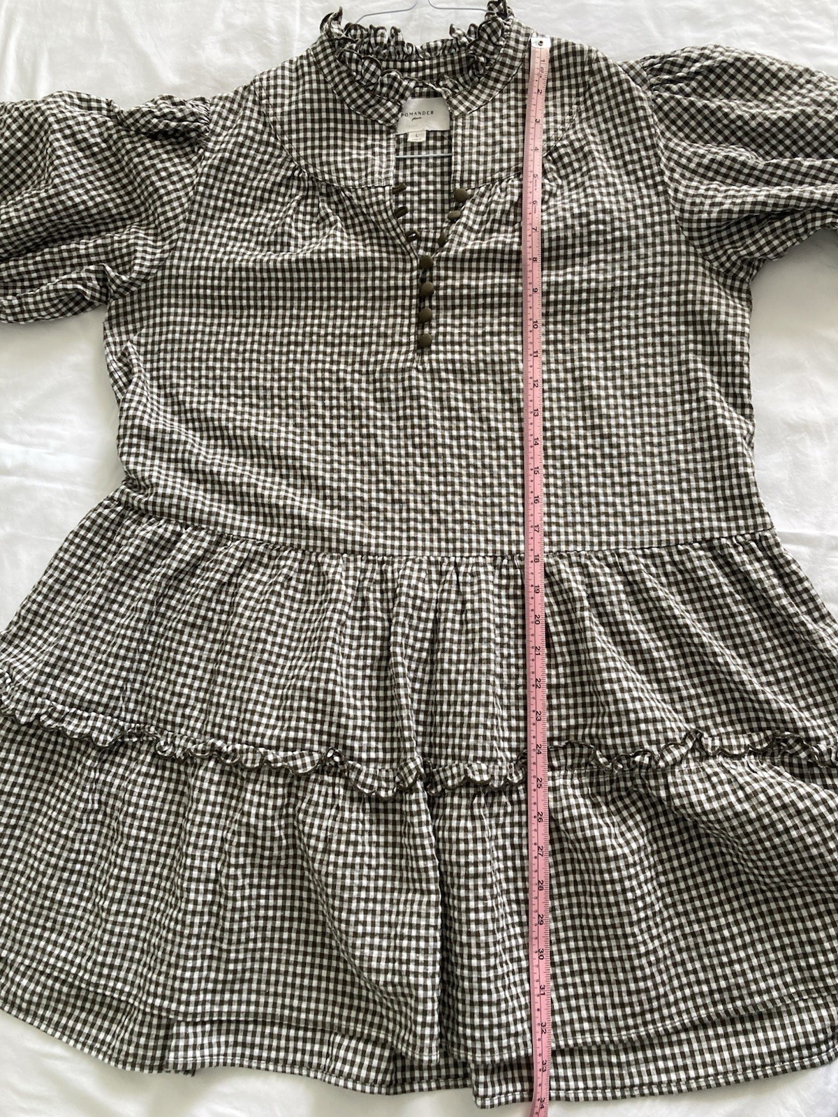 NWOT Pomander Place Brown White Gingham Linen Cotton Babydoll Puff Sleeve Sz L