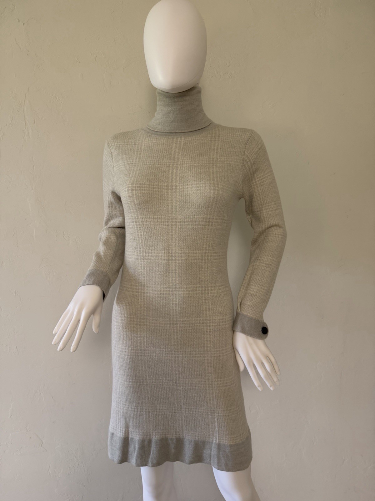 Peter Millar Plaid 100% Merino Wool Turtleneck Sweater Dress Gray& white US S