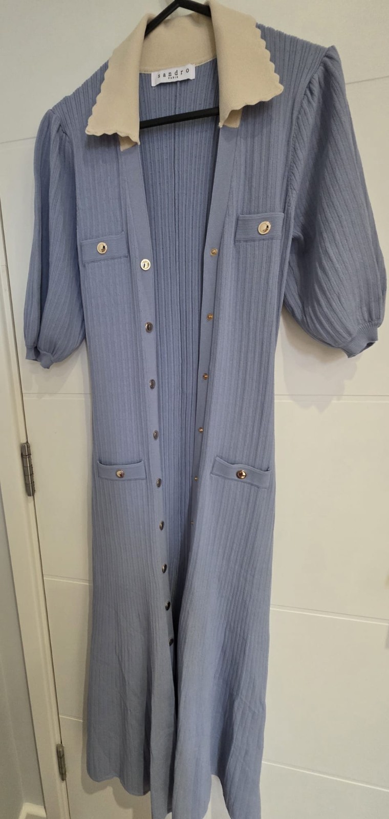 Sandro Paris Blue Ribbed Knit Midi Dress Contrast Collar Gold Buttons EU 42 / XL