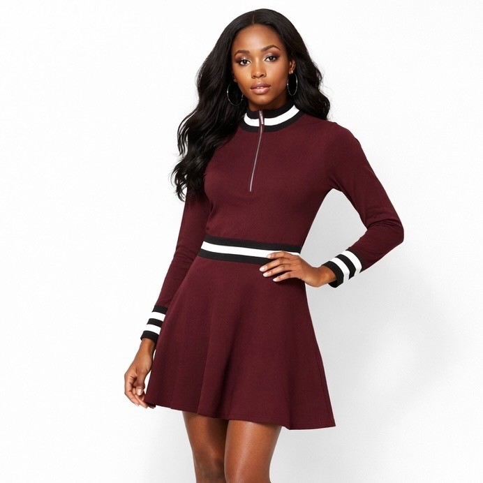 Karen Millen Sporty Full Needle Women Knit Fit Flare Dress S Wine Preppy Retro