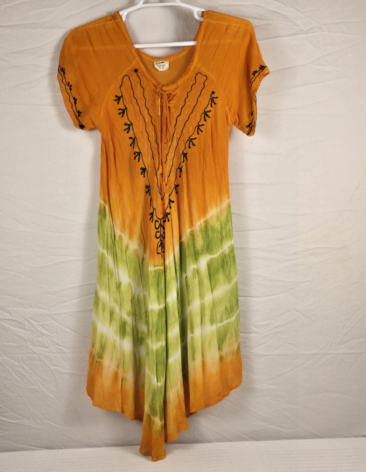 Exist Orange Green White Tie Dye Embroidered Scoop Neck A-Line Dress One Size