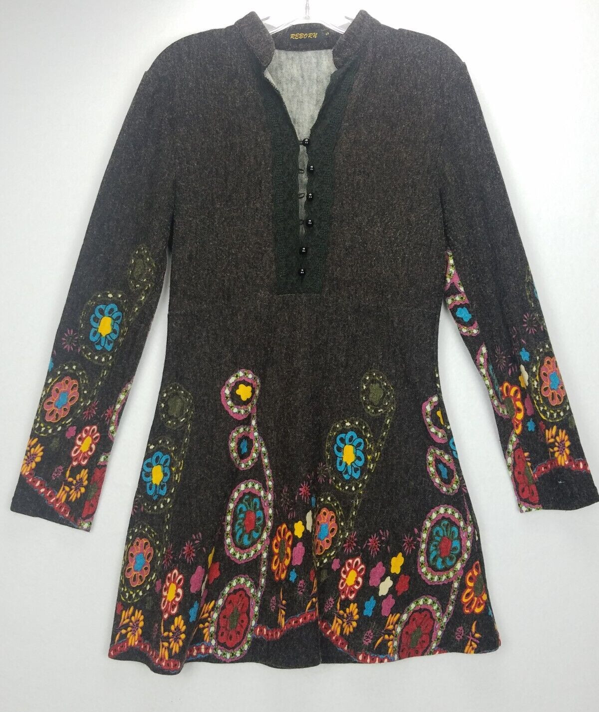 Reborn Dress Womens SZ S Brown Base Colorful Flowers Stand Up Collar