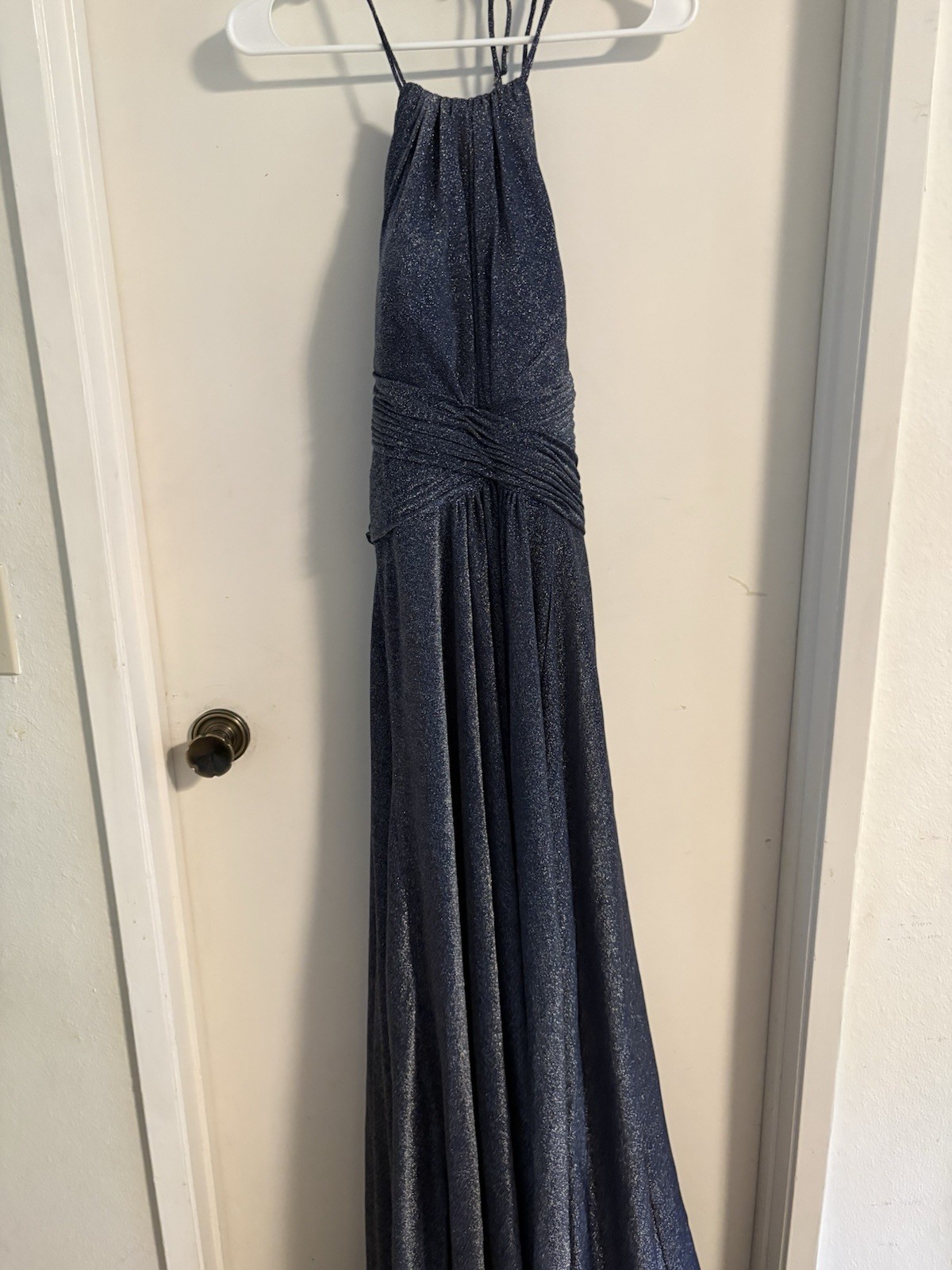Women’s Size L Navy Blue Glitter Halter Tie Back Maxi Gown Dress Formal