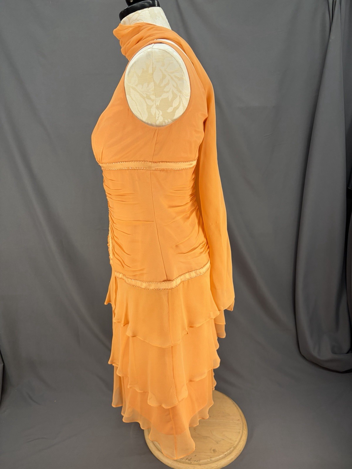 VTG CAILAN’D Orange Beaded Ruffled Midi Dress Size 16 with Matching Neck Scarf