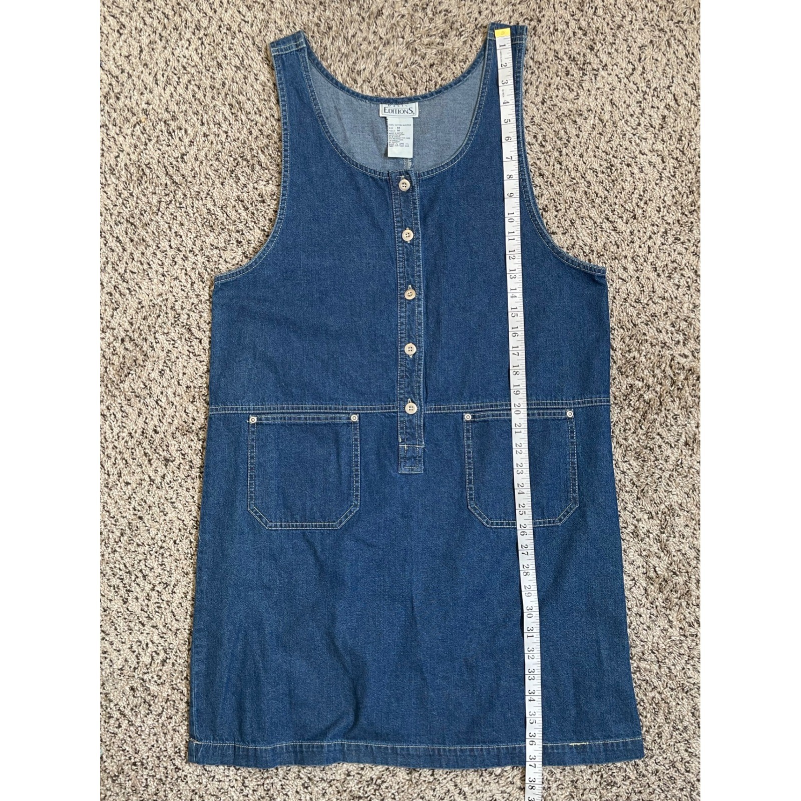 Vintage Basic Edition Denim Pinafore Dress Blue Button Front Patch Pockets M 90s
