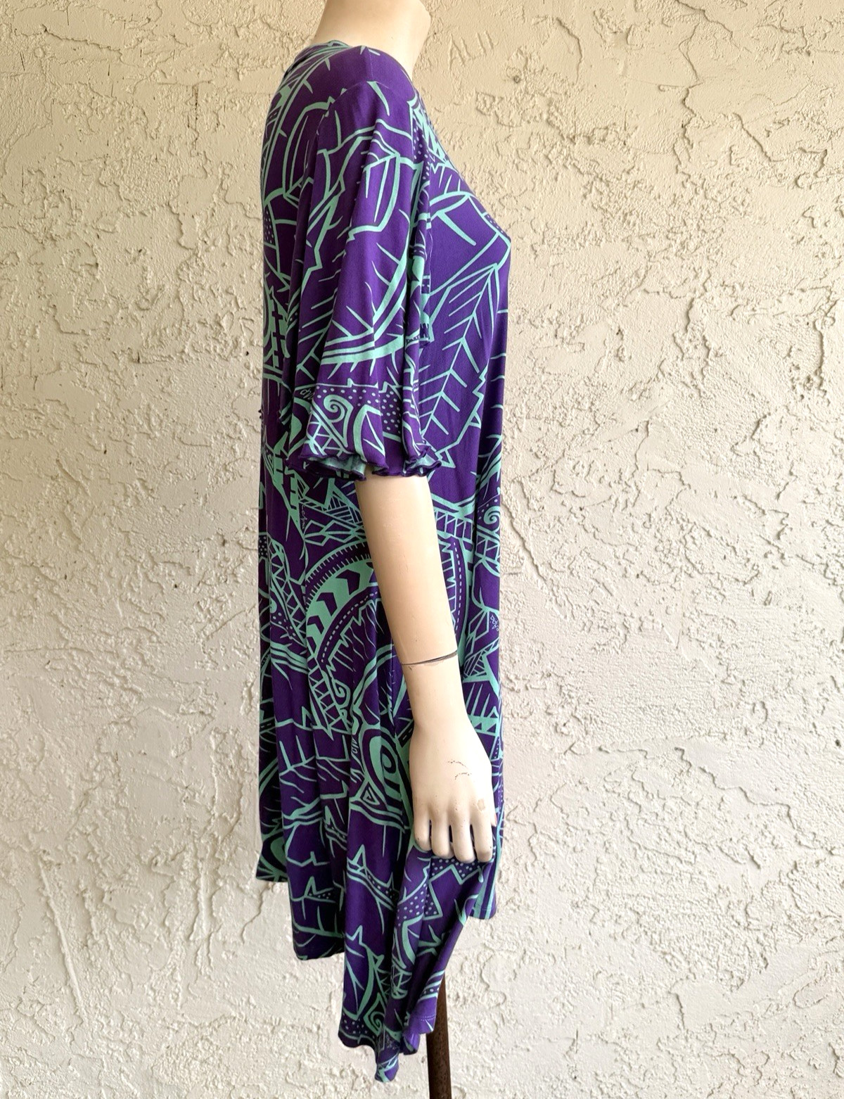 MISSING POLYNESIA Dress Purple Hawaiian Aloha Art Print Jersey Tunic Size 2 L XL